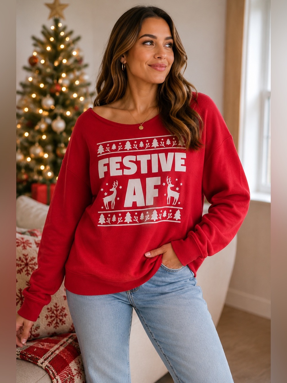 Festive AF Christmas Sweatshirt Women’s Large Red Graphic Holiday Pullover